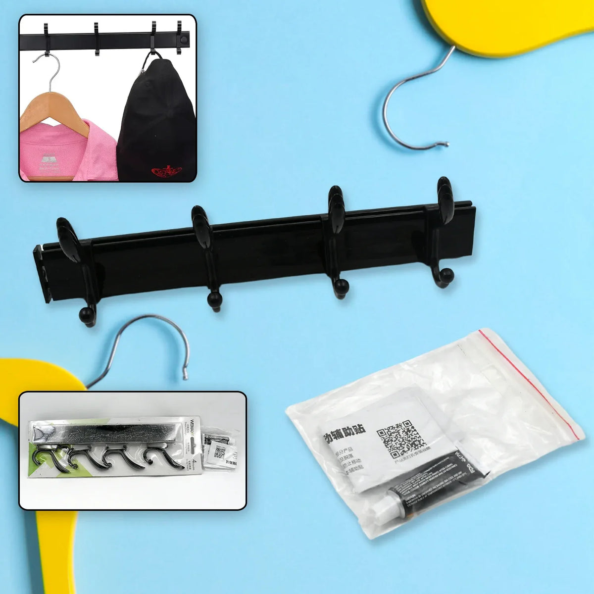 7570 Cloth Hanger Wall Door Hooks Rail For Hanging Clothes For Hanging Hook Rack Rail Extra Long Coat Hanger Wall Mount For Clothes Jacket Hats 6 Hook With Eco-friendly Liquid Adhesive Glue - Zidbik