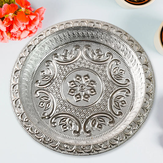 Traditional Silver Finish Plastic Pooja Thali (1 Pc) - Zidbik