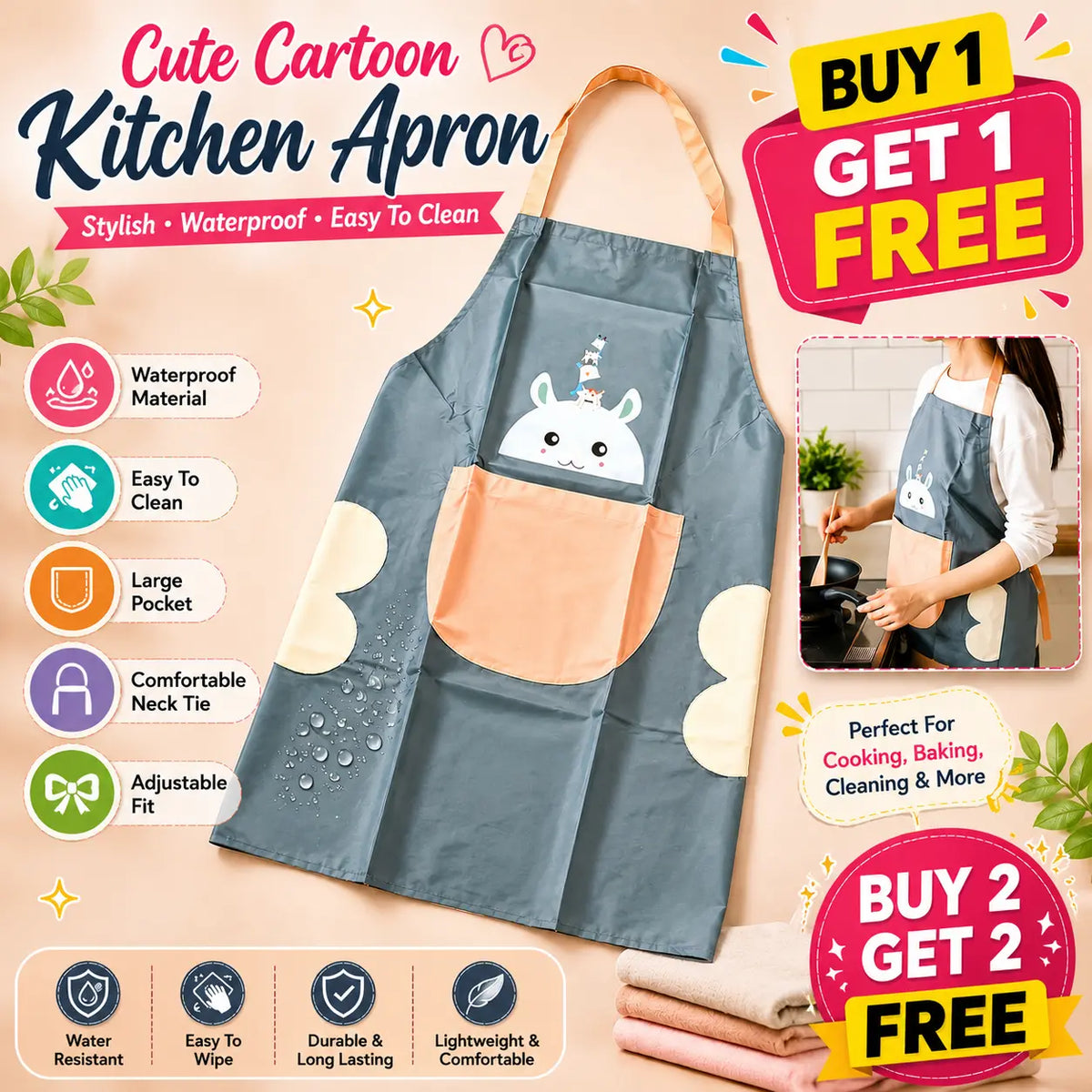 Cute Cartoon Animal Design Kitchen Apron | Buy 1 Get 1 FREE
