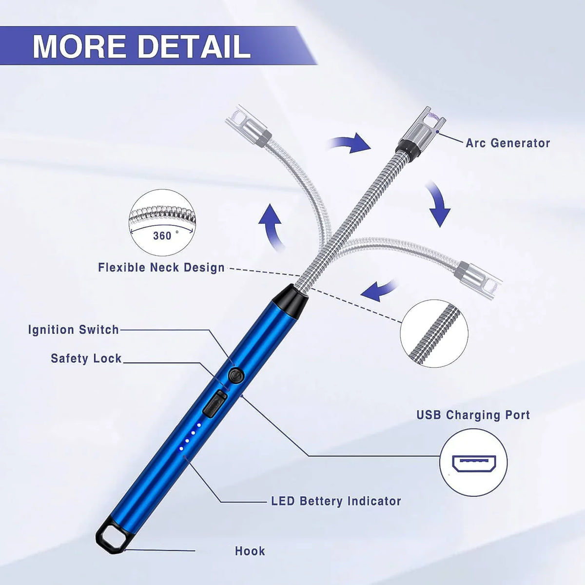 Metal Rechargeable Electric Arc Lighter With Flexible Neck (1 Pc) - Zidbik